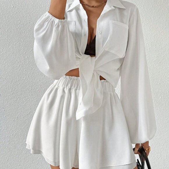 White Casual Women's Lantern Sleeve Shirt And Shorts Set - Picture 8 of 8